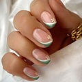 Green & White French Tip Press-On Nails – Medium Square 24Pcs