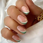 Green & White French Tip Press-On Nails – Medium Square 24Pcs