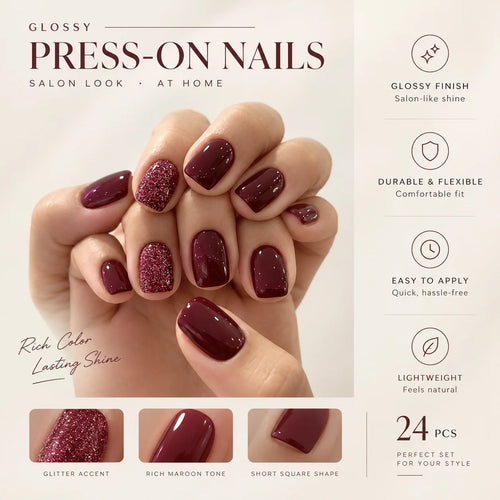 Glitter Wine Red Press-On Nails – 24pcs