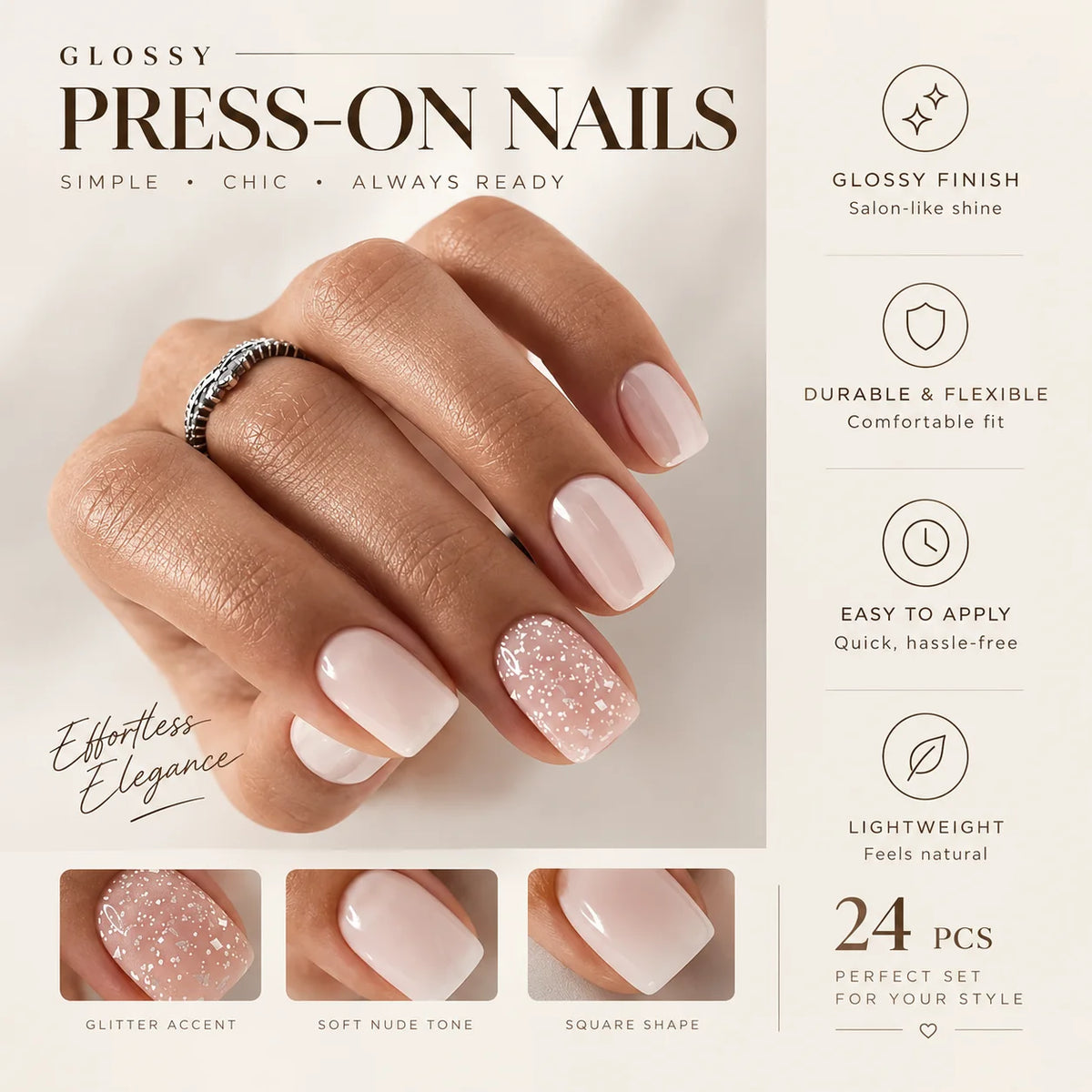 White French Press-On Nails – Short Squoval Glossy Nails 24Pcs