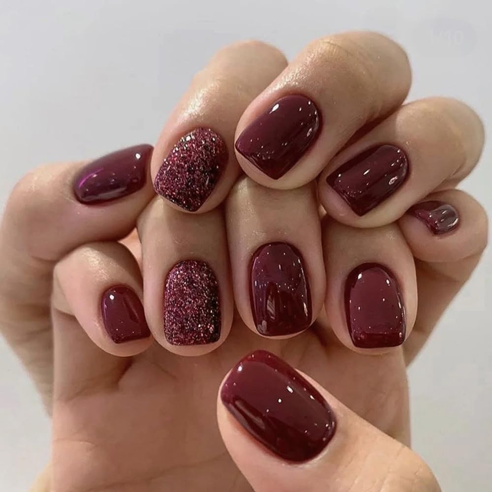 Glitter Wine Red Press-On Nails – 24pcs