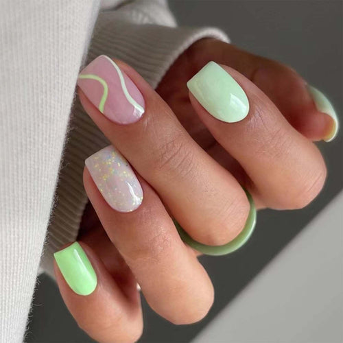 Green & Pink Swirl Press-On Nails – 24pcs